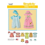 Väikelaste kombinesoon, kleit, topp, püksikud ja mütsid, suurused: A (XXS-XS-S-M-L), Simplicity Pattern #1447