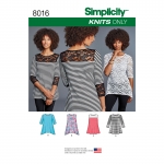 Women`s knit Tops with Lace Variations, Sizes: A (XXS-XS-S-M-L-XL-XXL), Simplicity Pattern #8016