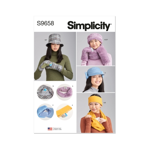 Simplicity lõikekomplekt S9658 MISSES` HATS, HEADBAND, MITTENS IN SIZES S-M-L, COWL AND INFINITY SCARF