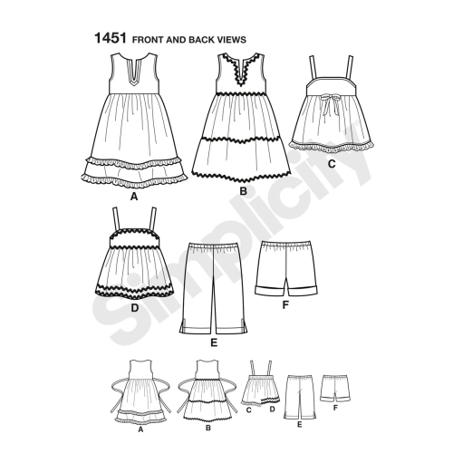 Väikelaste kleidid, Topp, kärbitud püksid ja shortsid, suurused: A (1/2-1-2-3-4), Simplicity Pattern #1451 