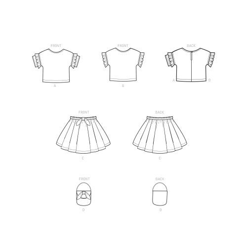 Väikelaste topid, seelikud ja kotike, suurused: A (1/2-1-2-3-4), Simplicity Pattern #S9118 