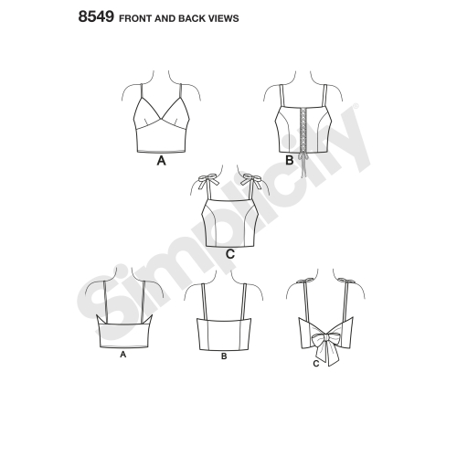 Naiste rinnahoidja-topid, suurused: A (XXS-XS-S-M-L-XL-XXL), Simplicity Pattern # 8549 