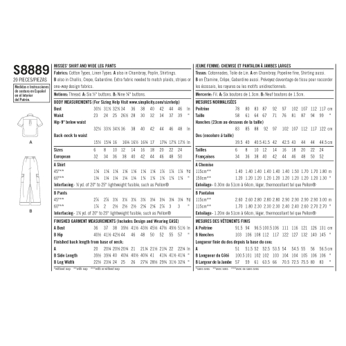 Naiste särk ja laiasäärelised püksid, Simplicity Pattern #S8889 