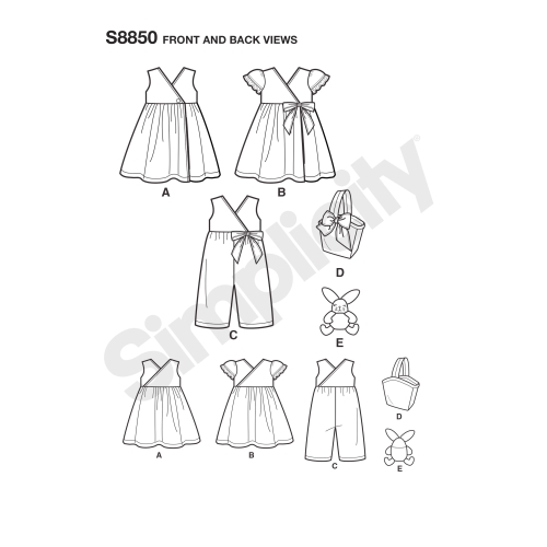 Mudilaste kleidid, kombinesoon, korv ja lelu, suurused: A (1/2-1-2-3-4), Simplicity Pattern #S8850 