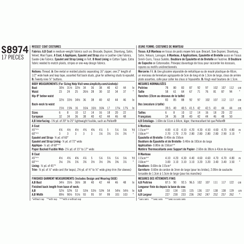 Naiste Cosplay mantel-kostüüm, Simplicity Pattern #S8974 