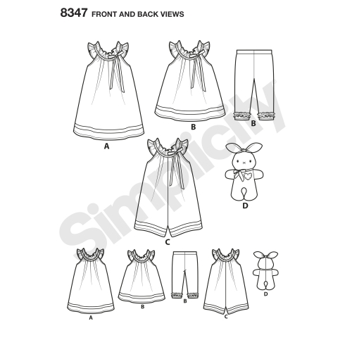 Mudilaste kleit, topp, trikoocaprid ja topitud jänkuga, suurused: A (1/2-1-2-3-4), Simplicity Pattern #8347 
