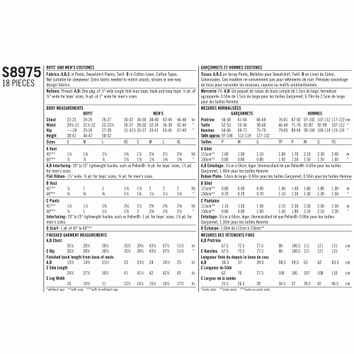 Poiste ja meeste kostüümid, suurused: S - L / XS - XL, Simplicity Pattern #S8975 