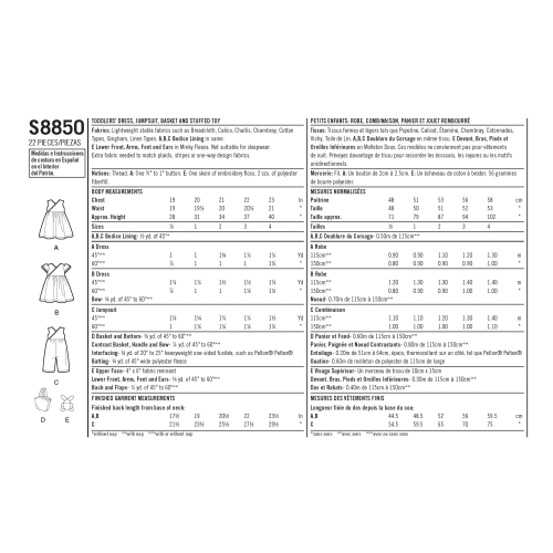 Mudilaste kleidid, kombinesoon, korv ja lelu, suurused: A (1/2-1-2-3-4), Simplicity Pattern #S8850 