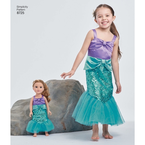 Laste ja 45cm pikkuse nuku kostüümid, suurused: A (3-4-5-6-7-8), Simplicity Pattern #8725 