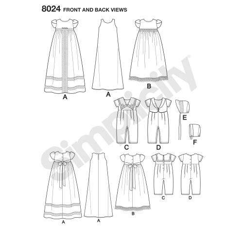 Väikelaste ristimisriided koos kapotitega, suurused: A (XXS-XS-S-M), Simplicity Pattern #8024 