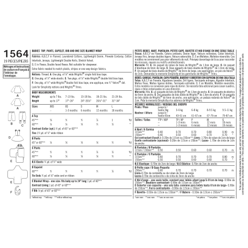 Väikelaste topp, püksid,ja tekkmähis, suurused: A (XXS-XS-S-M-L), Simplicity Pattern #1564 