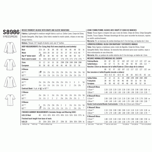 Naiste ja Petite-naiste drapeeritud pluus, Simplicity Pattern #S8986 