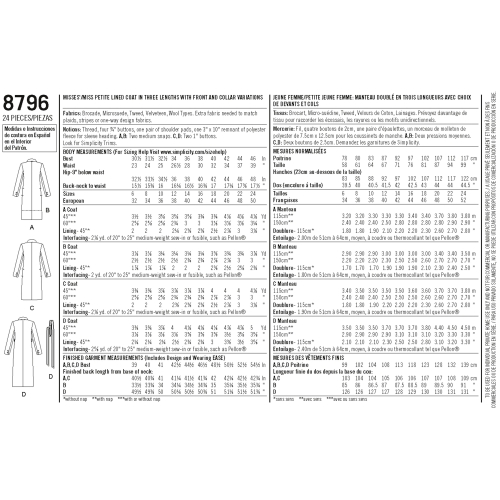 Naiste ja väikesekasvuliste Petite-naiste voodriga mantel, Simplicity Pattern #8796 