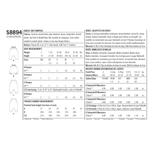 Väikelaste trikookombinesoon, suurused: A (XXS-XS-S-M-L), Simplicity Pattern #S8894 