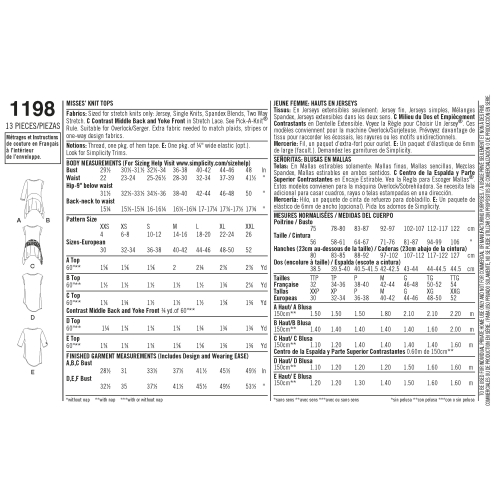 Naiste trikoo-topid kahes stiilis, suurused: A (XXS-XS-S-M-L-XL-XXL), Simplicity Pattern #1198 