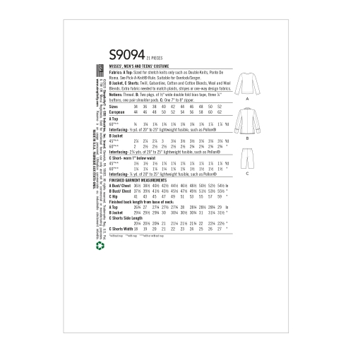 Naiste, meeste ja teismeliste Cosplay, suurused: Simplicity Pattern #S9094 