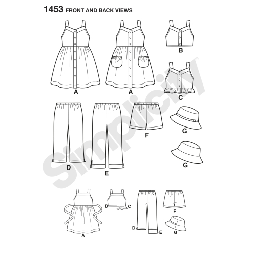 Laste kleit, Topp, püksid või shortsid ja müts, suurused: A (3-4-5-6-7-8), Simplicity Pattern #1453 