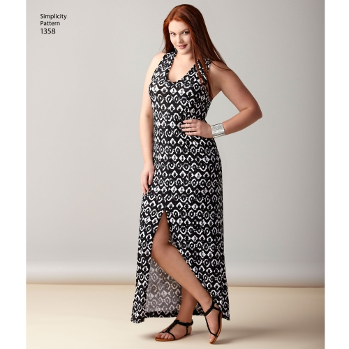 Naiste trikookleidid pikkuse ja seljajoone variatsioonidega, suurused: A (XXS-XS-S-M-L-XL-XXL), Simplicity Pattern #1358 