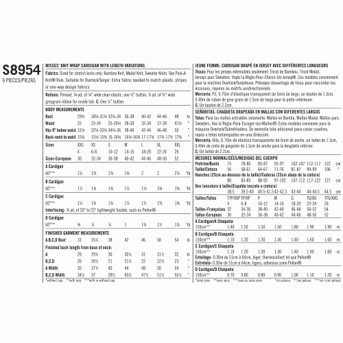 Naiste hõlmikkardigan variatsioonidega, suurused: XXS-XS-S-M-L-XL-XXL, Simplicity Pattern #S8954 