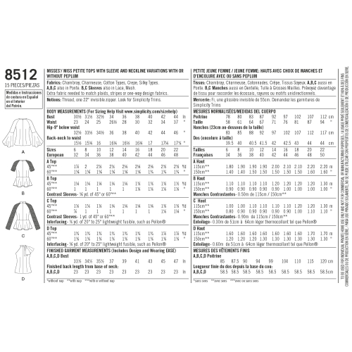 Naiste ja petit-naiste varrukavariatsioonidega topid, Simplicity Pattern # 8512 