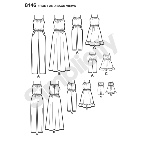 Samasugune lõige: naiste, laste ja 45cm pikkuse nukule, suurused: A (3 - 8 /XS-XL), Simplicity Pattern #8146 