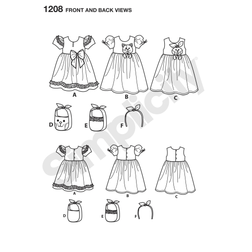 Laste kleidid, kotikesed ja juuksepael, suurused: A (3-4-5-6-7-8), Simplicity Pattern #1208 
