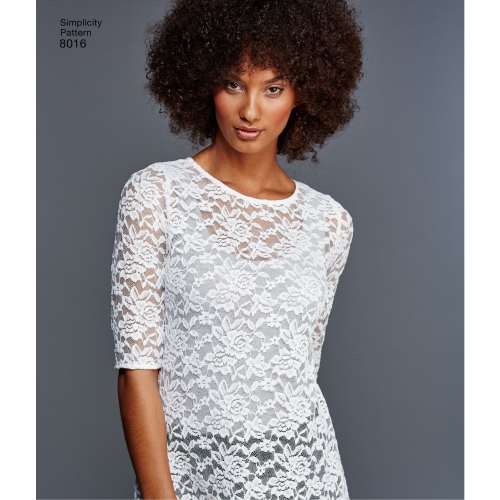 Naiste trikoo-topid pitsivariatsioonidega, suurused: A (XXS-XS-S-M-L-XL-XXL), Simplicity Pattern #8016 