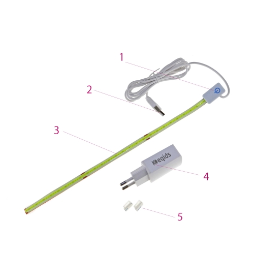 Светодиодная лампа Keqids DS-1S длиной 28 см мощностью 2 Вт на клею Keqids DS-1S 1.Переключатель 2.USB-кабель питания Световая лента 19 см 4.USB-зарядное устройство 5.крепежные детали