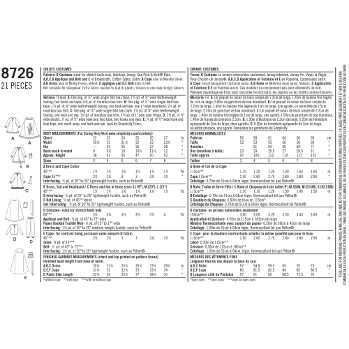 Lastekostüümid, suurused: A (3-4-5-6-7-8), Simplicity Pattern #8726 