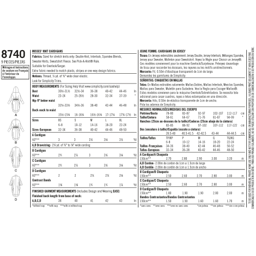 Naiste trikoo-kardigan, suurused: A (XS-S-M-L-XL), Simplicity Pattern # 8740 