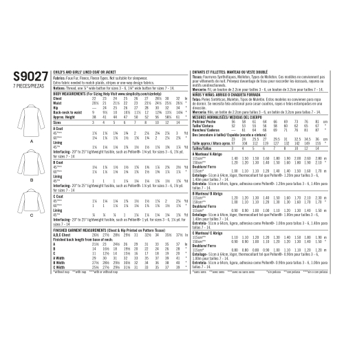 Laste ja tüdrukute voodriga mantel, Simplicity Pattern #S9027 
