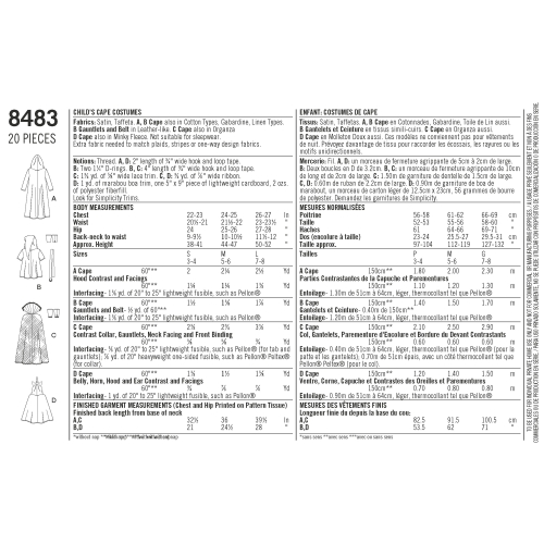 Laste keep-kostüümid, suurused: A (S-M-L) Simplicity Pattern #8483 
