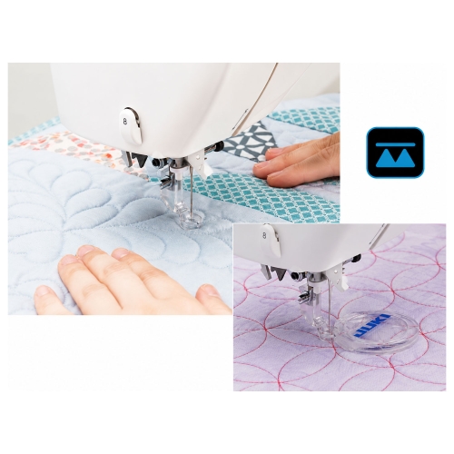 Sewing machine Juki HZL-NX7 Lower the feed dogs with the touch of a button. For smooth and effortless free-motion sewing. Transparent quilt presser foot can be used with ruler work (ruler optional).