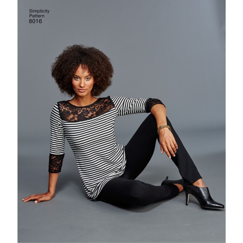 Naiste trikoo-topid pitsivariatsioonidega, suurused: A (XXS-XS-S-M-L-XL-XXL), Simplicity Pattern #8016 