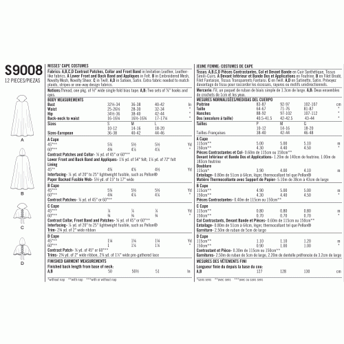 Misses` Cape with Tie Costumes, Sizes: S-M-L, Simplicity Pattern #S9008 