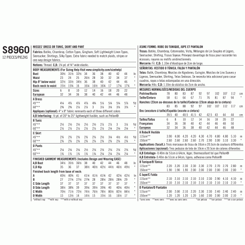 Naiste kleit või tuunika, seelik ja püksid, Simplicity Pattern #S8960 