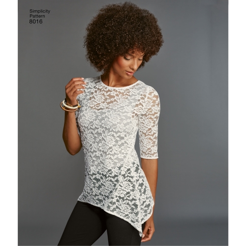 Naiste trikoo-topid pitsivariatsioonidega, suurused: A (XXS-XS-S-M-L-XL-XXL), Simplicity Pattern #8016 