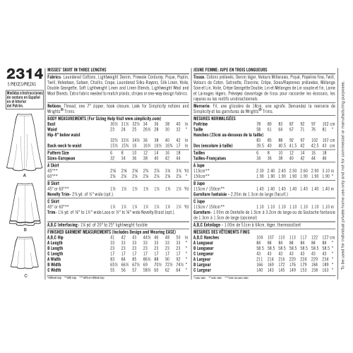 Naiste seelikud, suurused: A (6-8-10-12-14-16-18), Simplicity Pattern #2314 