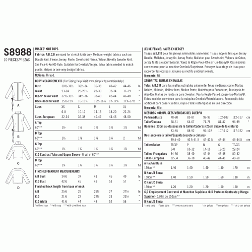 Naiste hubased trikoo-topid, suurused: XS-S-M-L-XL, Simplicity Pattern #S 8988 