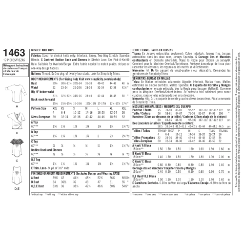 Naiste trikoo-topid, suurused: A (XXS-XS-S-M-L-XL-XXL), Simplicity Pattern #1463 