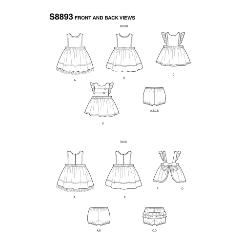 Väikelaste Pinafore-kleidid, suurused: A (XXS-XS-S-M-L), Simplicity Pattern #S8893 