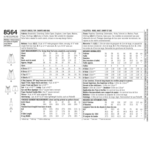 Laste kleit, topp, shortsid ja kott, suurused: A (3-4-5-6-7-8), Simplicity Pattern #8564 