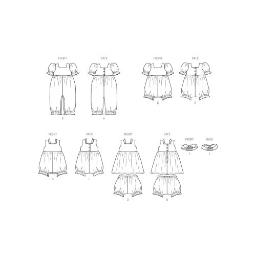 Lõikekomplekt BUTTERICK B6950 BABIES` ROMPERS, DRESS, BLOOMERS AND HEADBAND, Sizes: A (XS-S-M-L), B6950A 