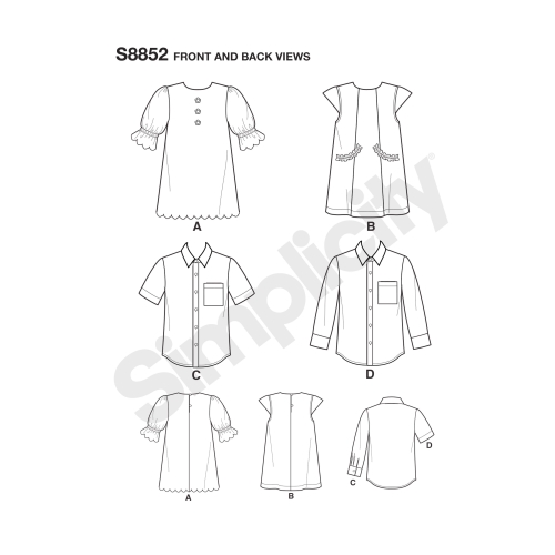 Laste kleidid ja särgid, suurused: A (3-4-5-6-7-8), Simplicity Pattern #S8852 