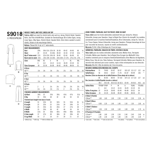 Naiste püksid, trikoo vest, kleit või topp suurused: A (XXS-XS-S-M-L-XL-XXL), Simplicity Pattern #S9018 
