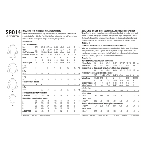 Naiste trikoo-topid variatsioonidega, suurused: A (XXS-XS-S-M-L-XL-XXL), Simplicity Pattern #S9014 