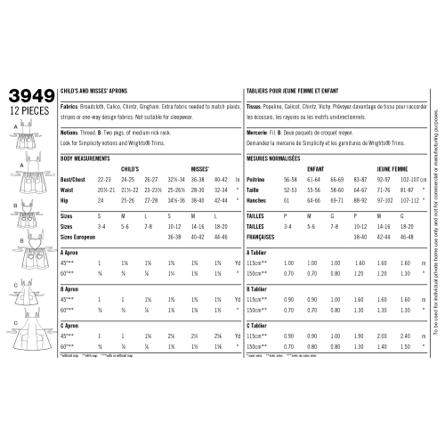 Põlled, suurused: A (S-M-L / S-M-L), Simplicity Pattern #3949 