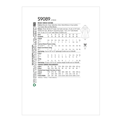 Naiste fantaasia-kostüüm, Simplicity Pattern #S9089 