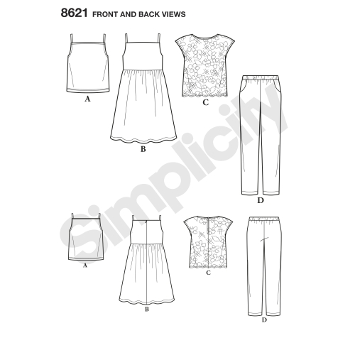 Laste ja tüdrukute kleit, top, püksid ja särgik, suurused: HH (3-4-5-6), Simplicity Pattern # 8621 