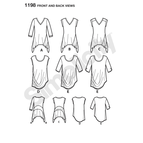 Naiste trikoo-topid kahes stiilis, suurused: A (XXS-XS-S-M-L-XL-XXL), Simplicity Pattern #1198 